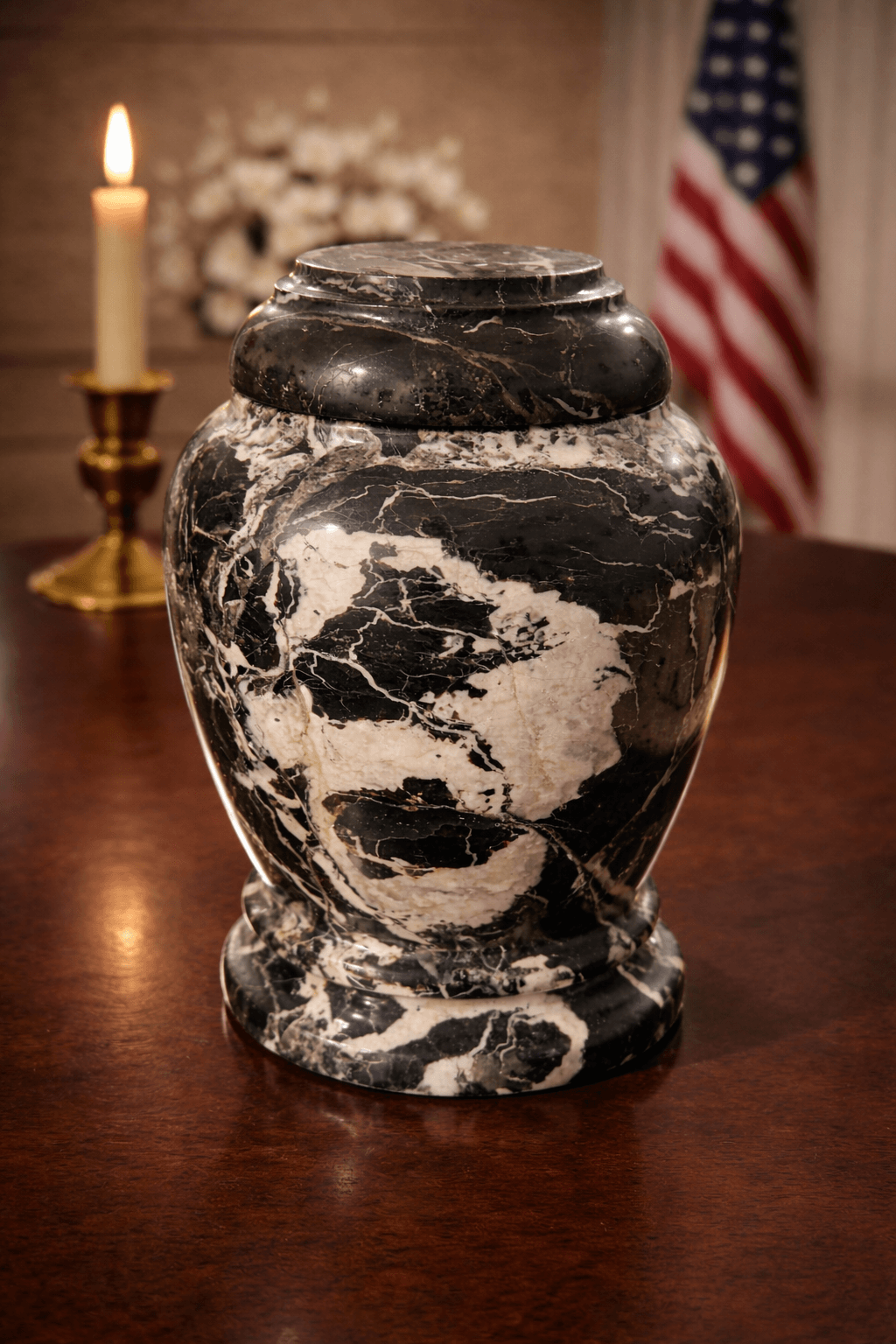 Black Marble Pet Urn with Natural White Veins – Handcrafted Memorial Urn