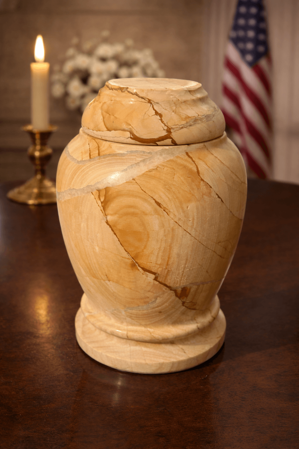 Handcrafted natural onyx pet urn in warm beige and honey tones with elegant natural veining