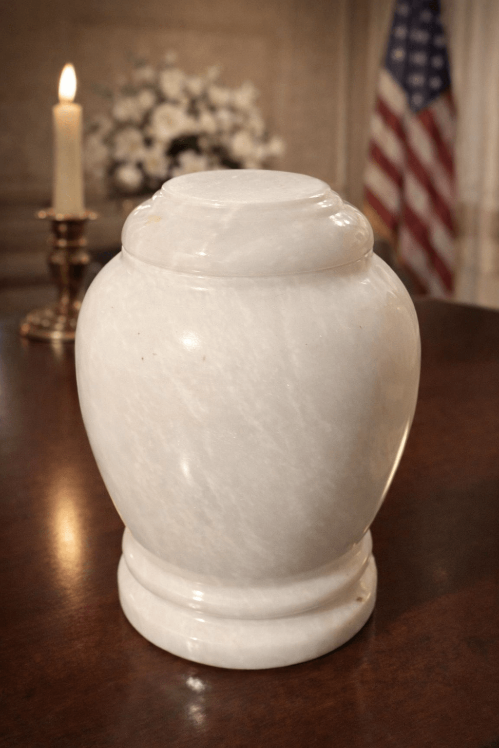 Elegant handcrafted white onyx pet urn with a smooth polished finish