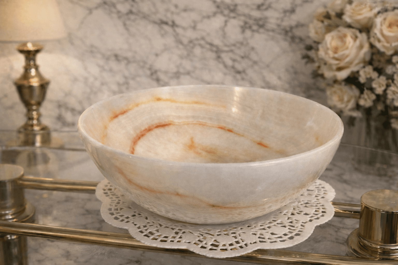 Elegant white natural onyx decorative bowl with subtle orange veining