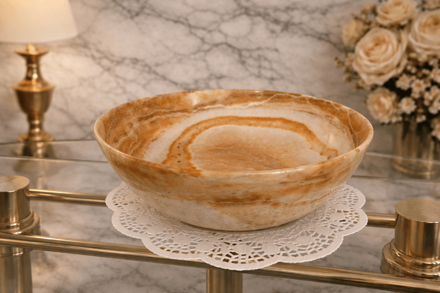 Elegant natural onyx decorative bowl featuring beautiful amber
