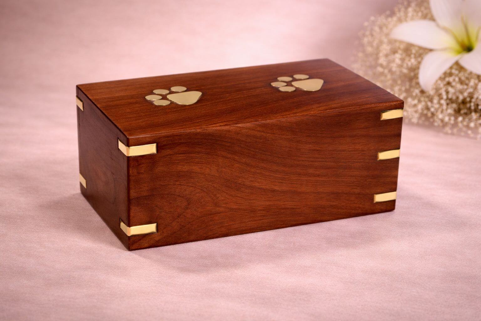 Elegant wooden pet urn with gold paw print accents
