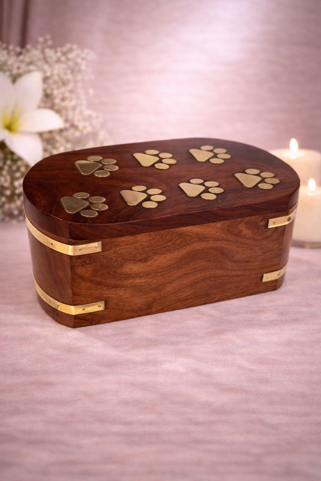 Elegant wooden pet urn with gold paw print accents