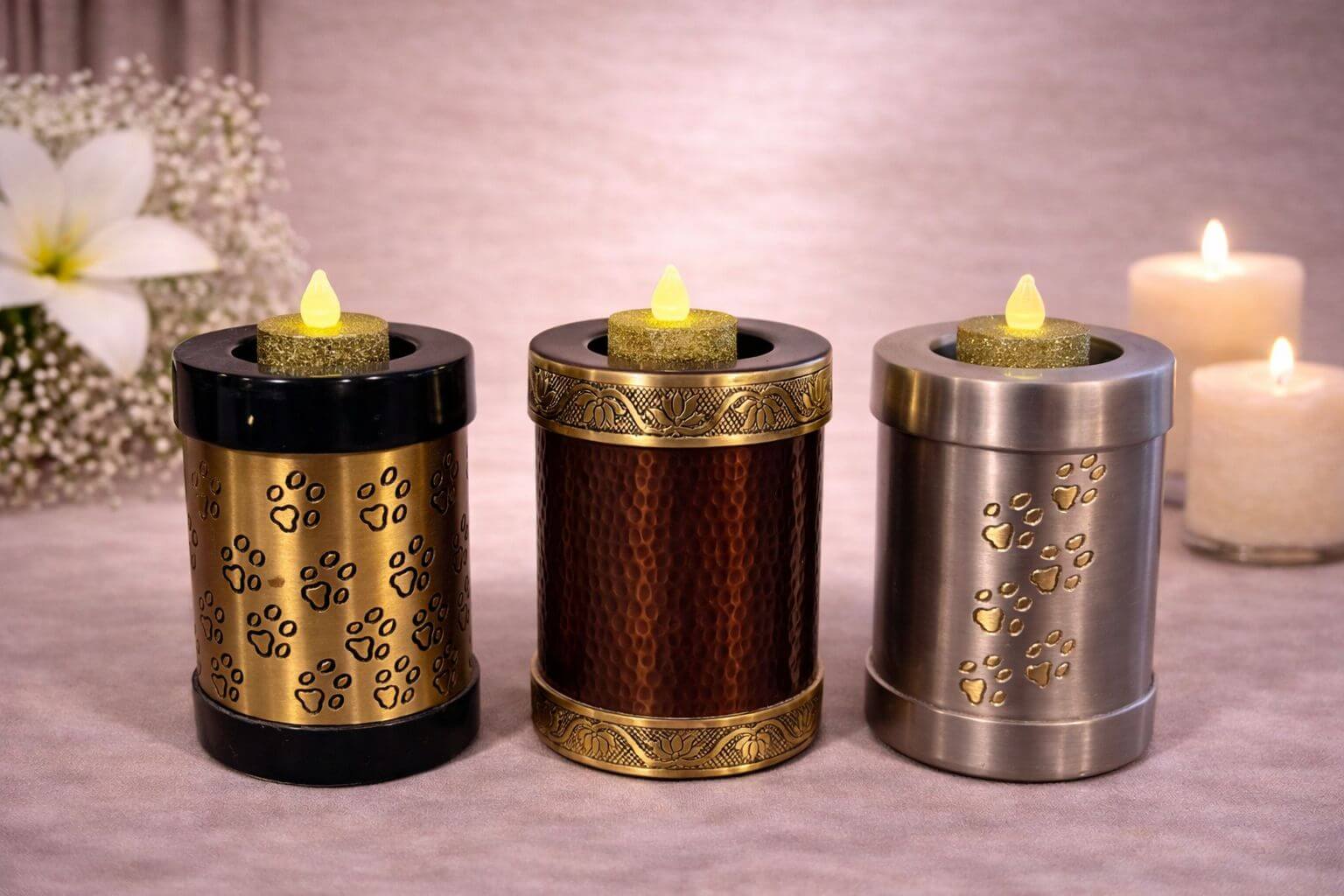 Elegant metal pet urn with paw print design and candle holder