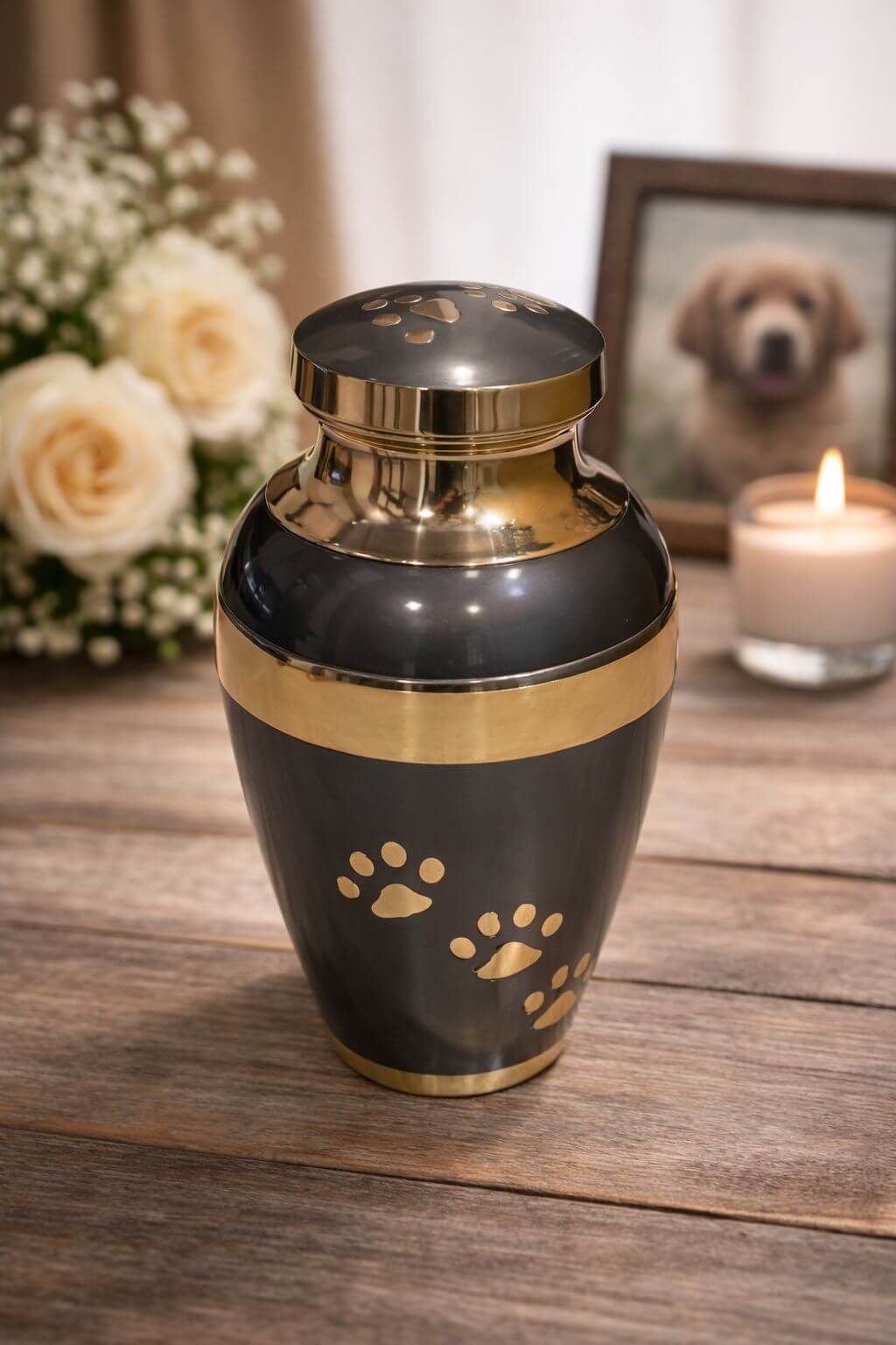 Elegant black and gold metal pet urn with paw print detailing