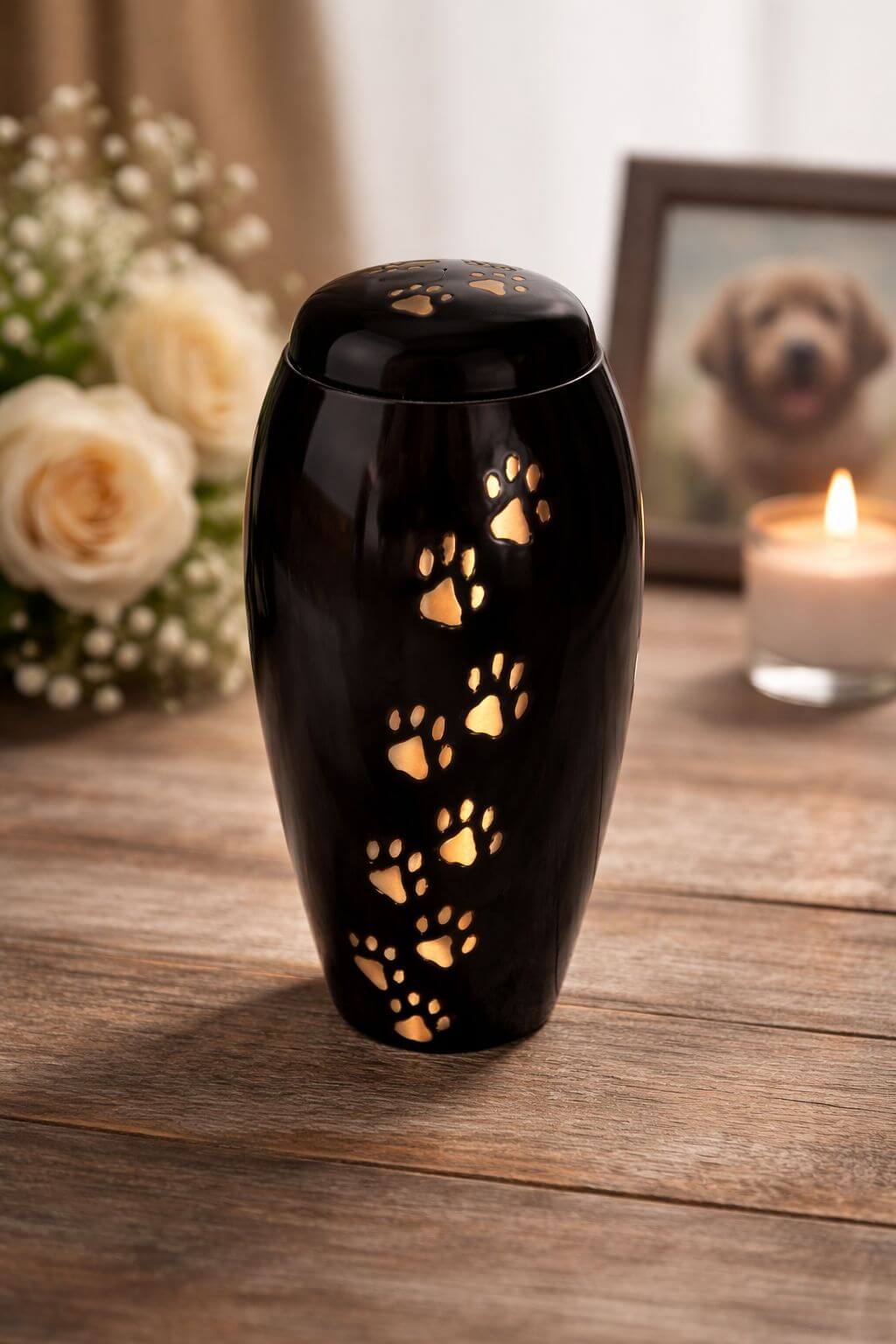 Elegant black pet urn with glowing paw print cutouts