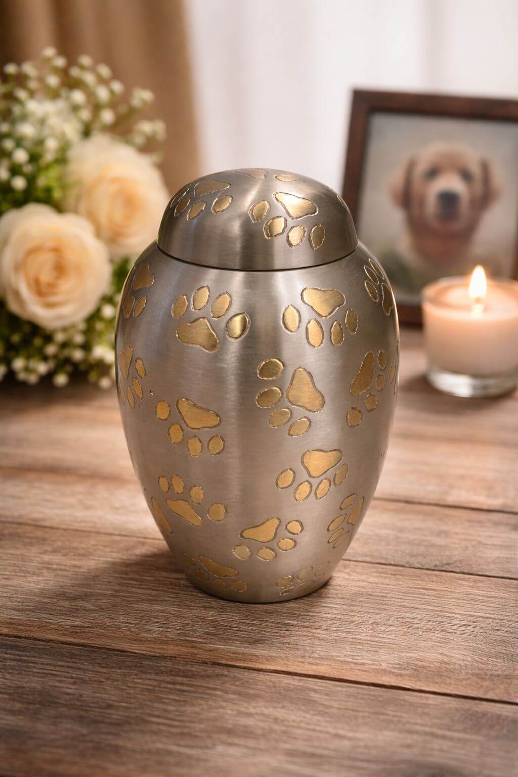 Elegant silver metal pet urn with gold paw print detailing