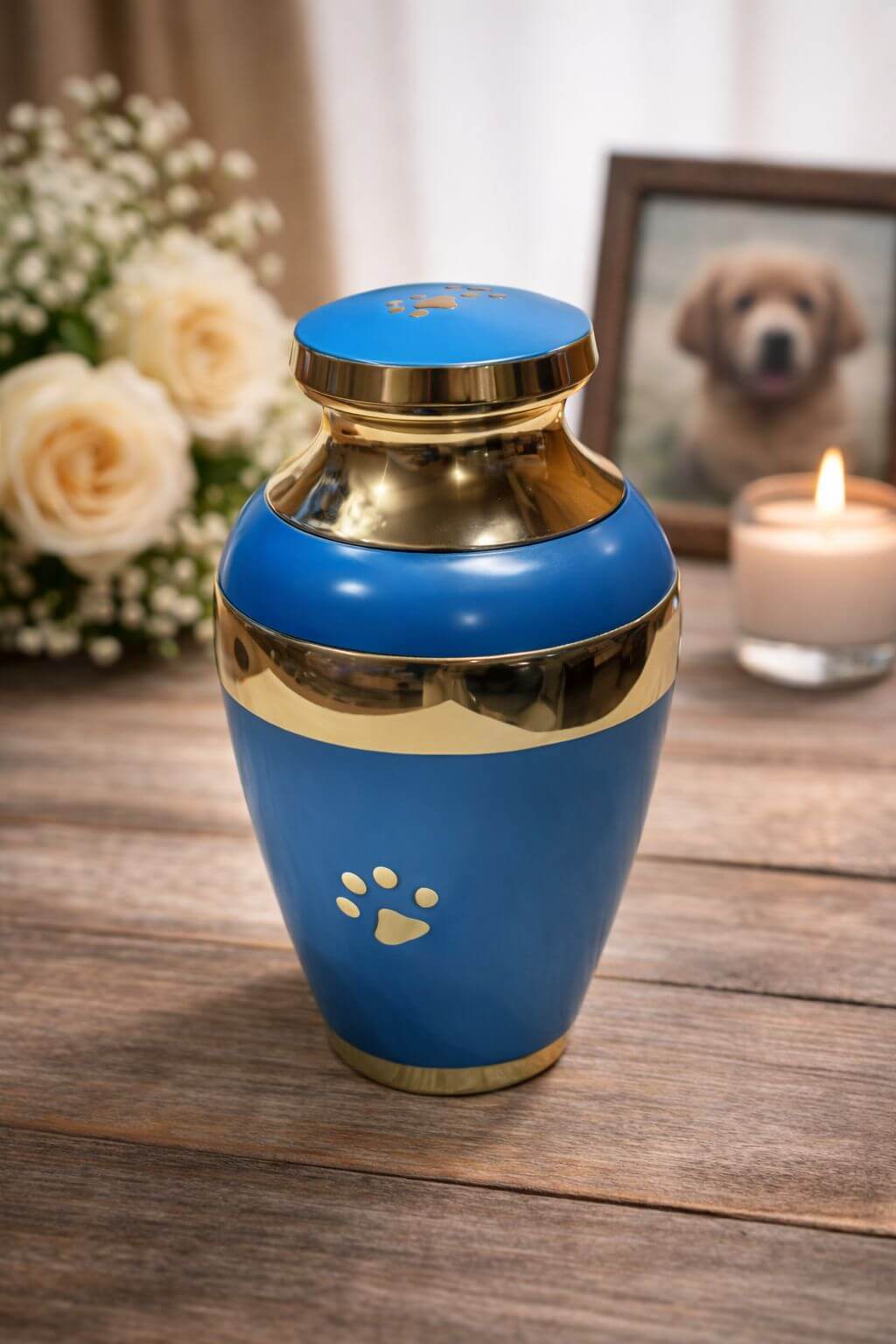 Elegant blue and gold metal pet urn with paw print detailing