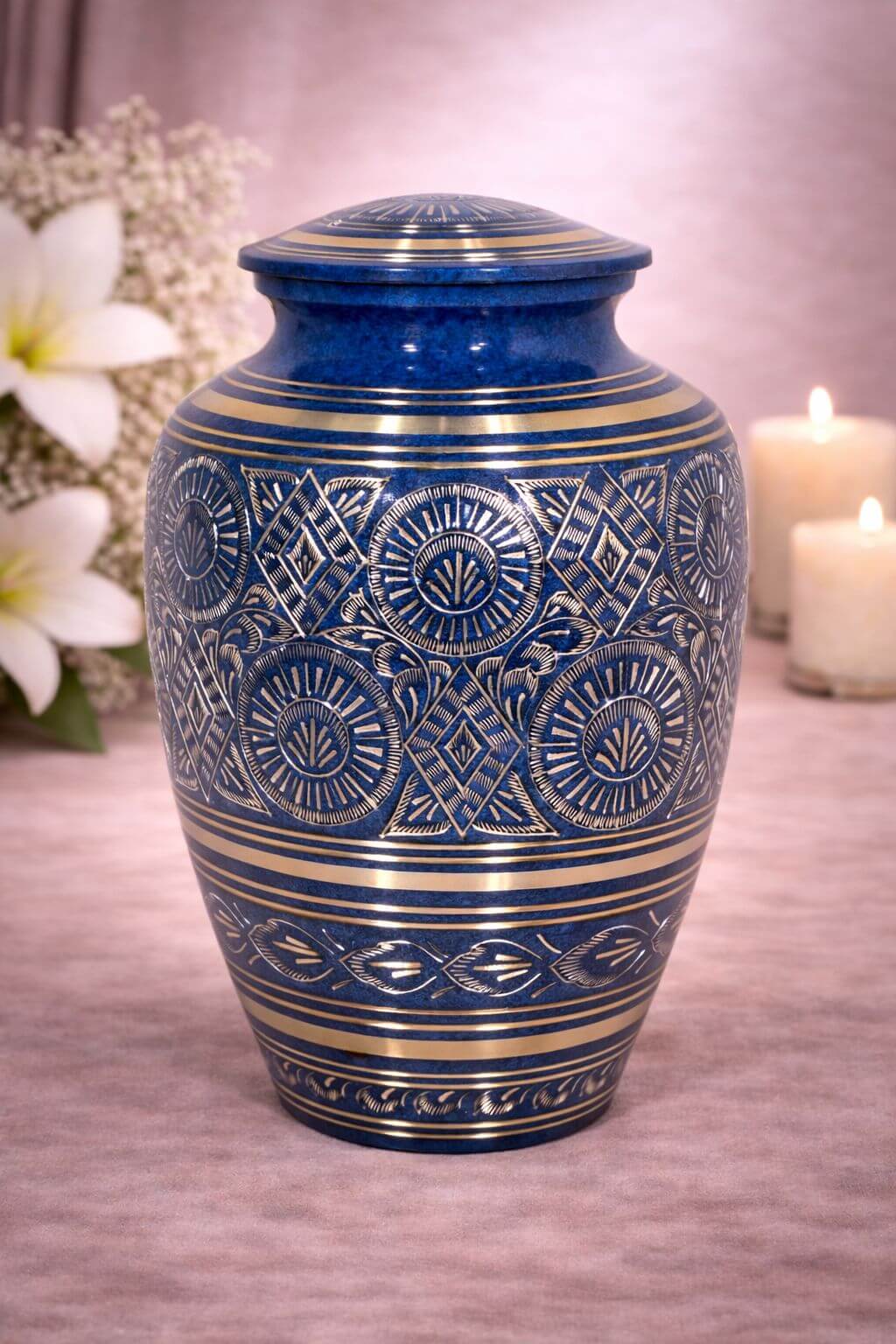 Elegant blue brass adult urn with intricate engraved patterns