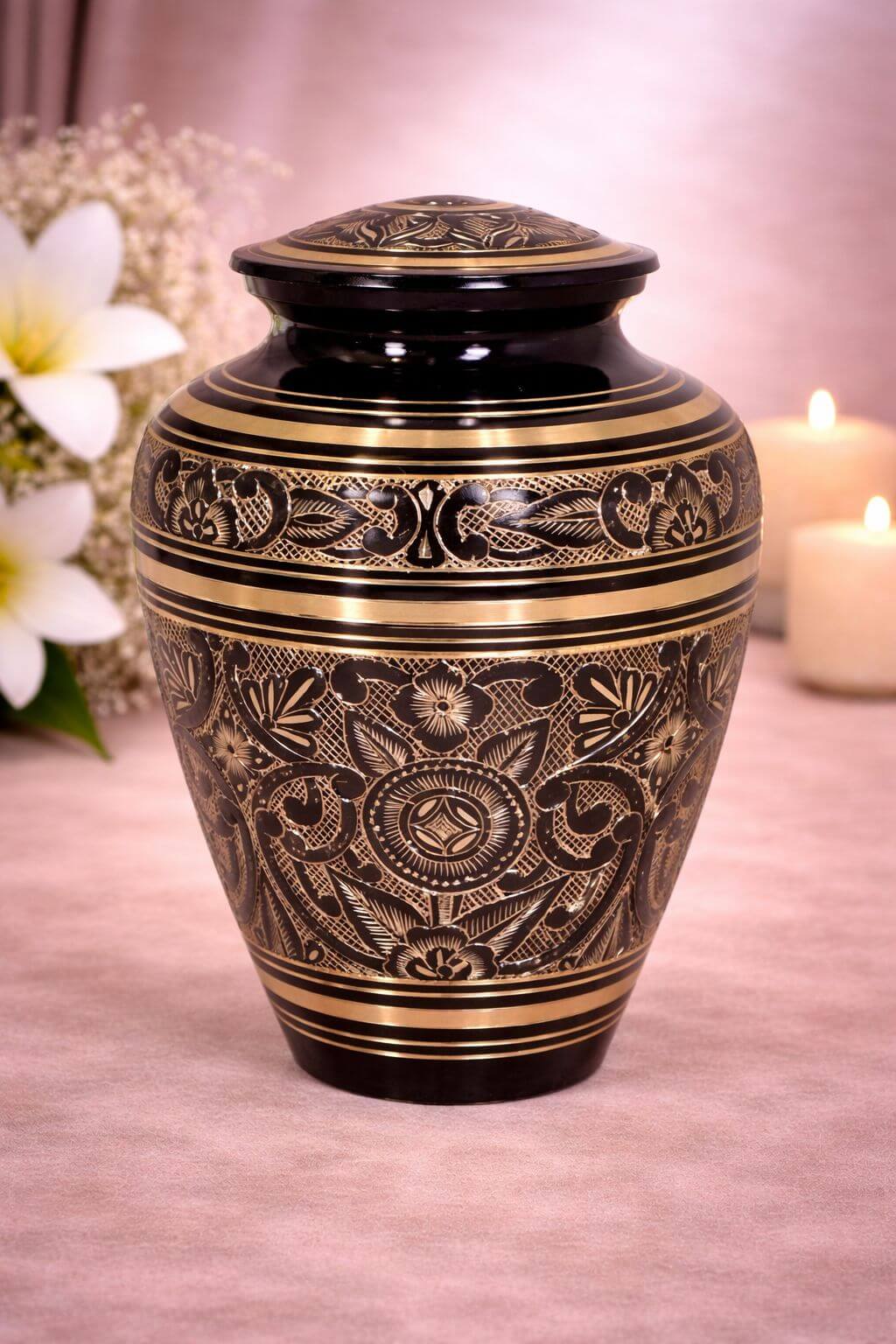 Elegant black brass adult urn with intricate floral engraving