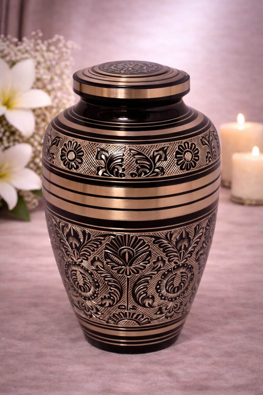 Antique-style brass adult urn with intricate floral engraving