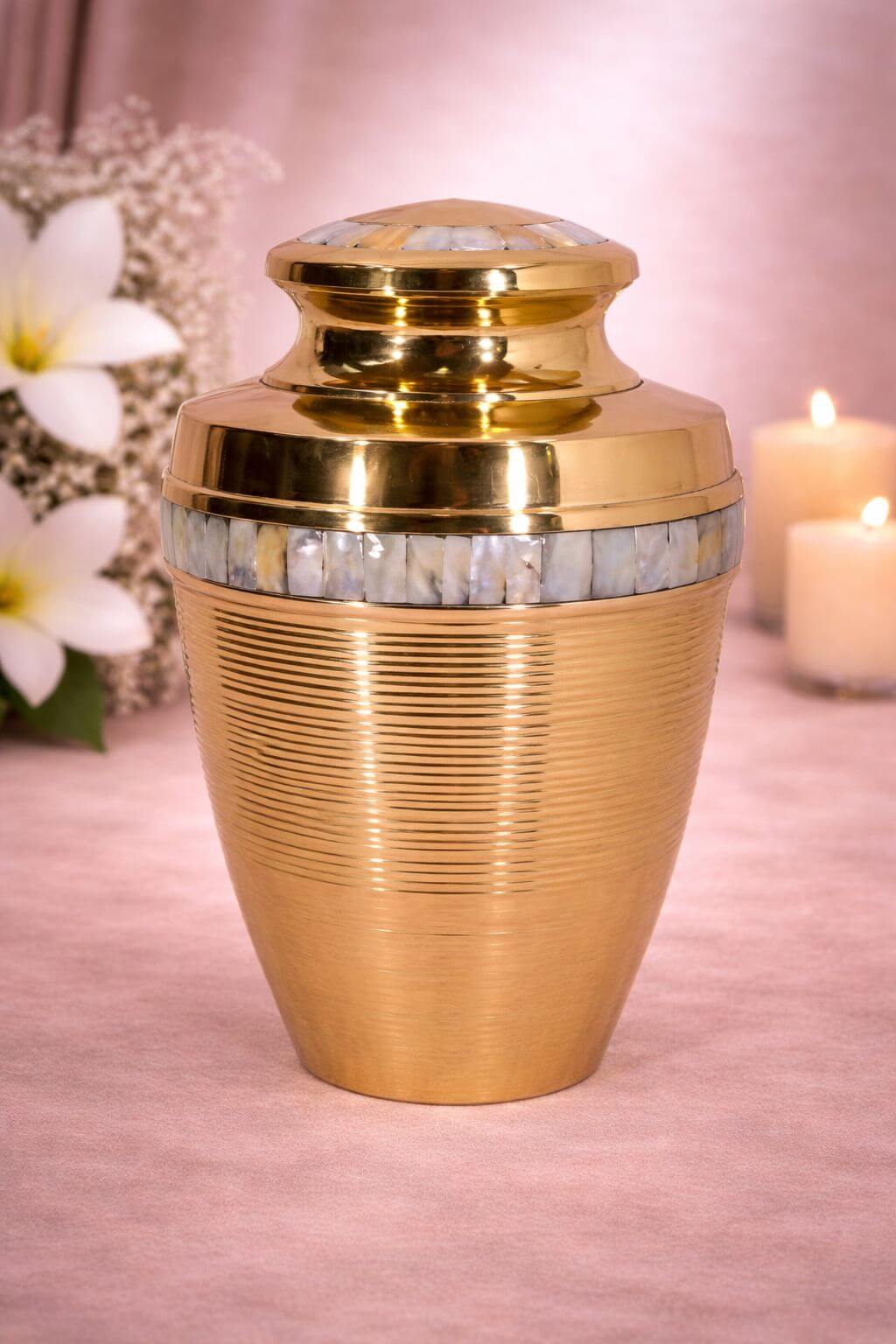 Luxurious gold brass adult urn with elegant mother-of-pearl inlay