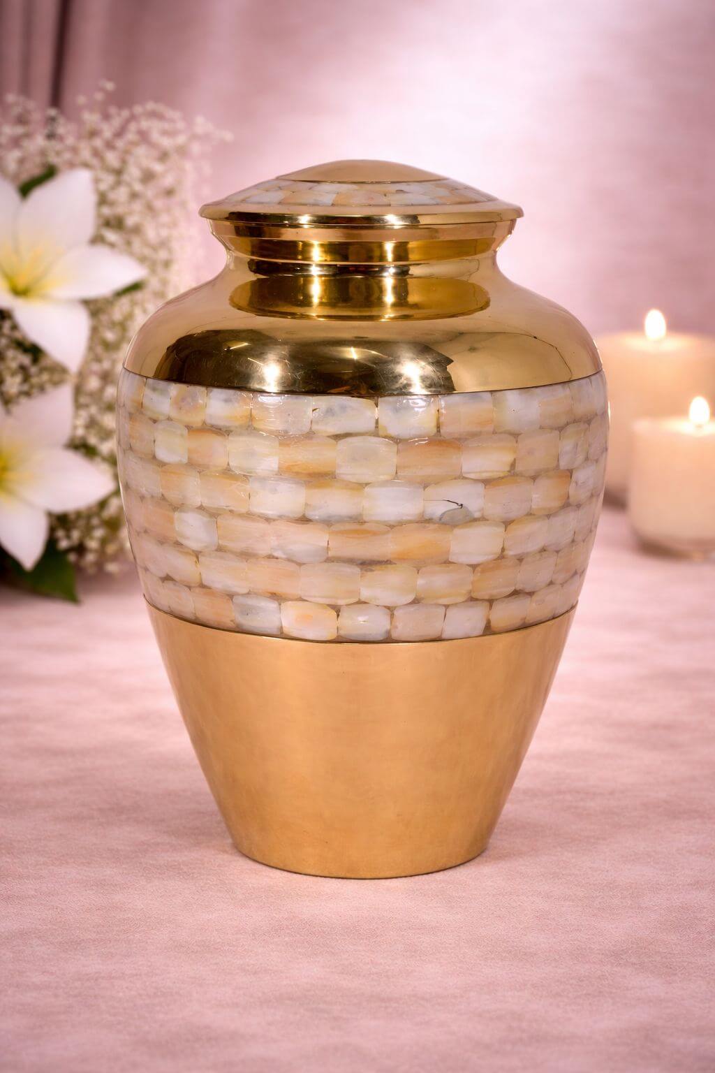 Luxury brass adult urn with handcrafted mother-of-pearl mosaic
