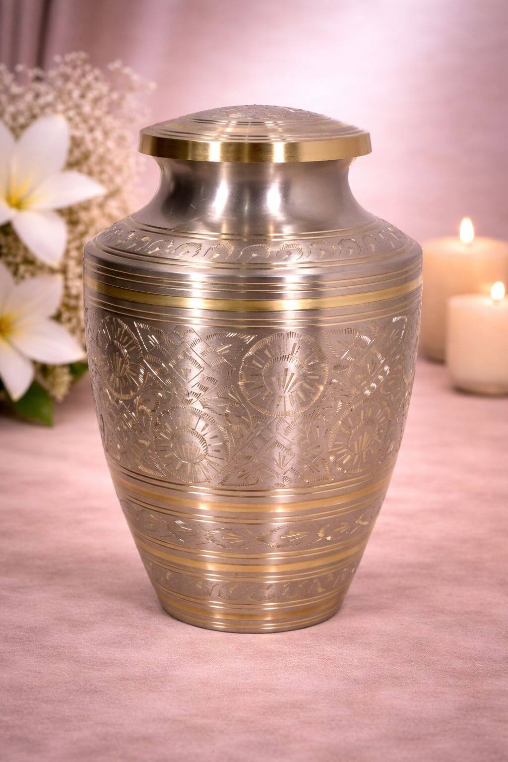 Elegant silver brass adult urn with intricate engraved detailing