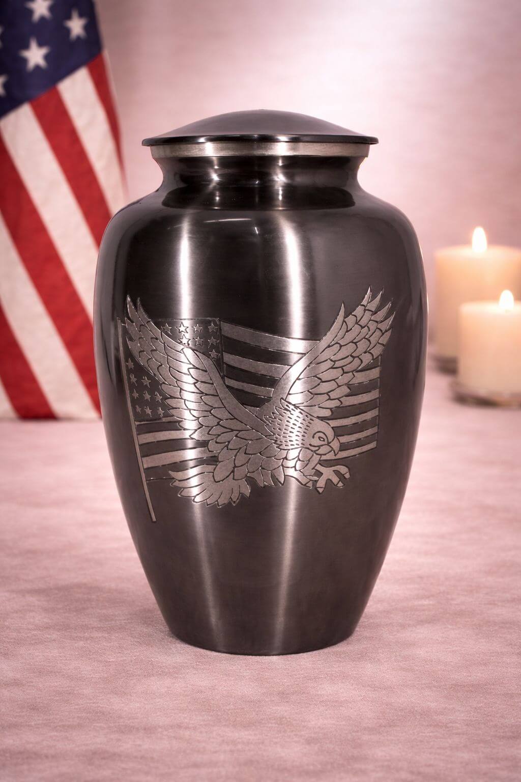 Patriotic black brass adult urn with engraved eagle and flag design