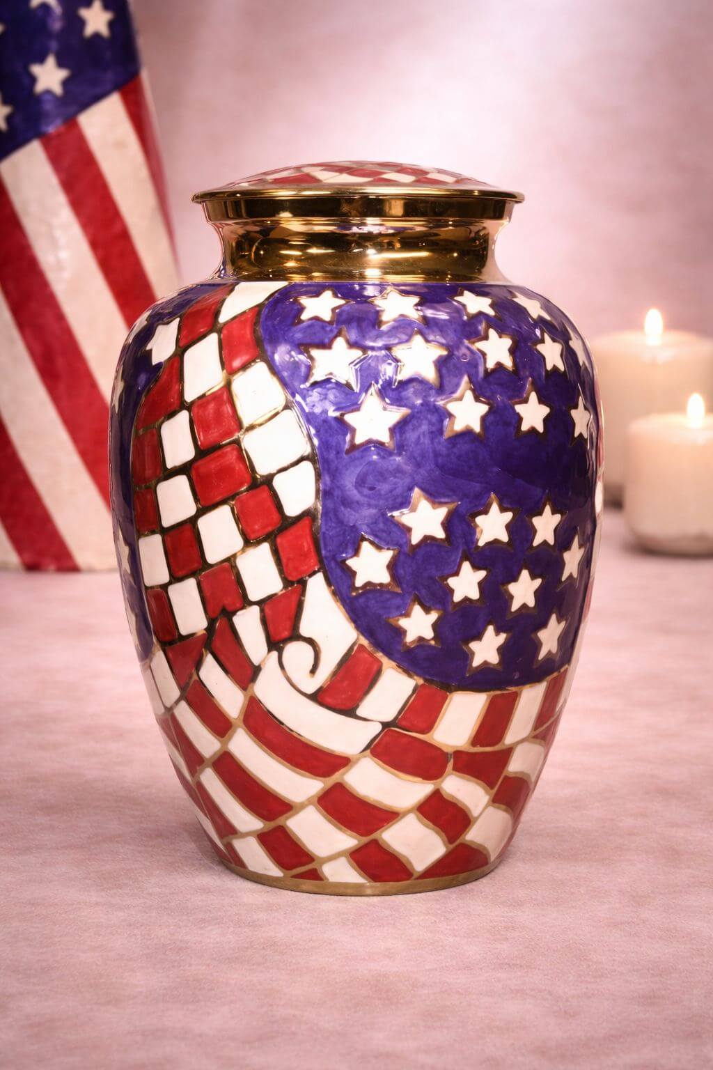 Patriotic brass adult urn with hand-crafted American flag mosaic design