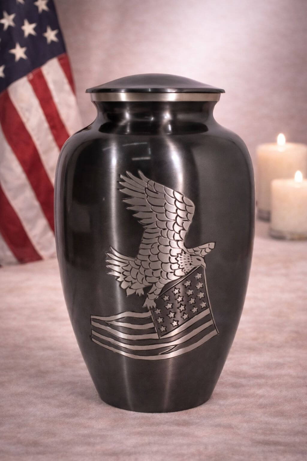 Patriotic black brass adult urn with detailed eagle and flag engraving