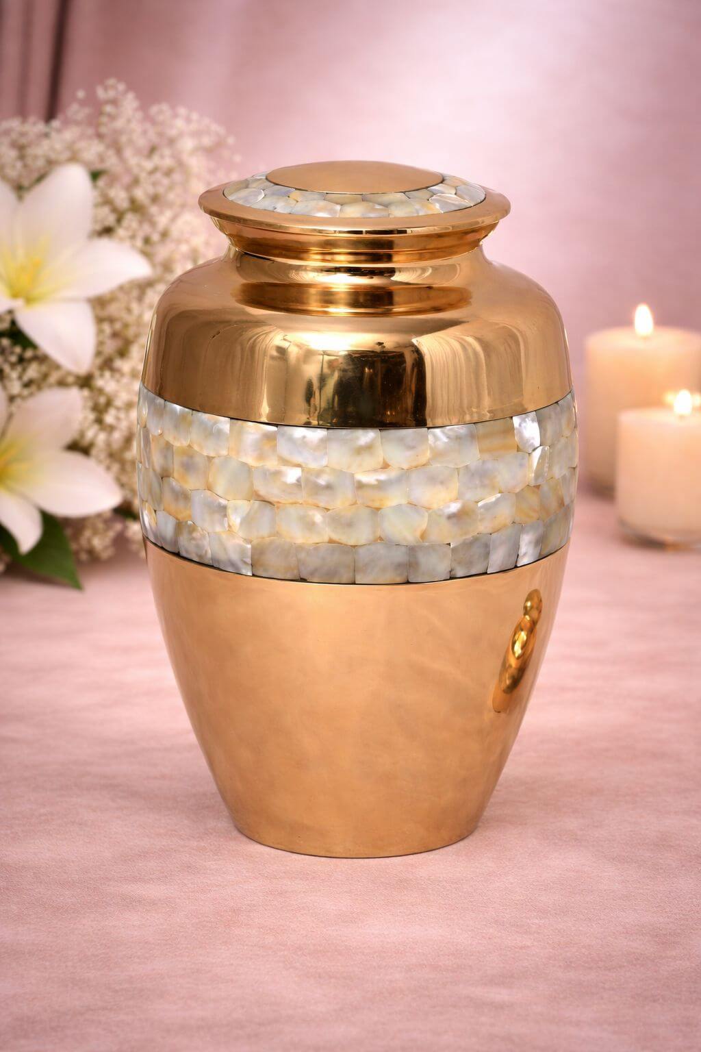 Elegant gold brass adult urn with handcrafted mother-of-pearl inlay