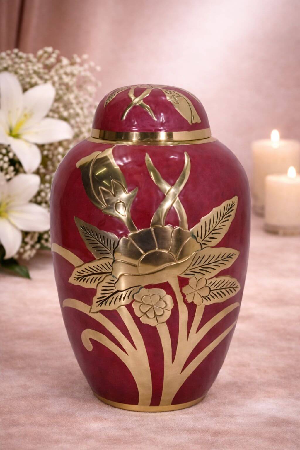 Elegant red brass adult urn with handcrafted floral engraving