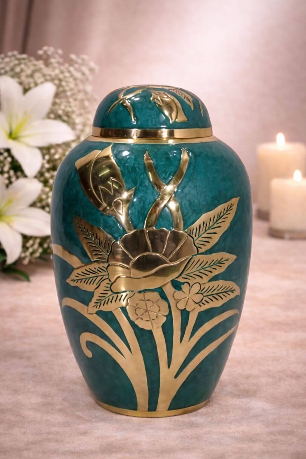 Elegant teal brass adult urn with gold floral engraving