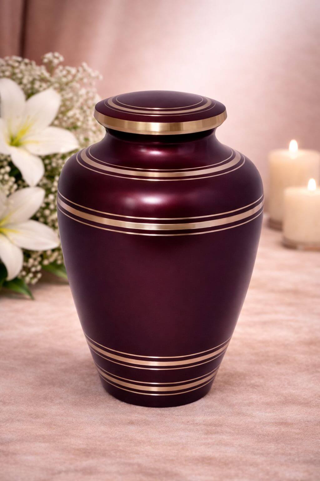 Classic maroon brass adult urn with elegant gold bands