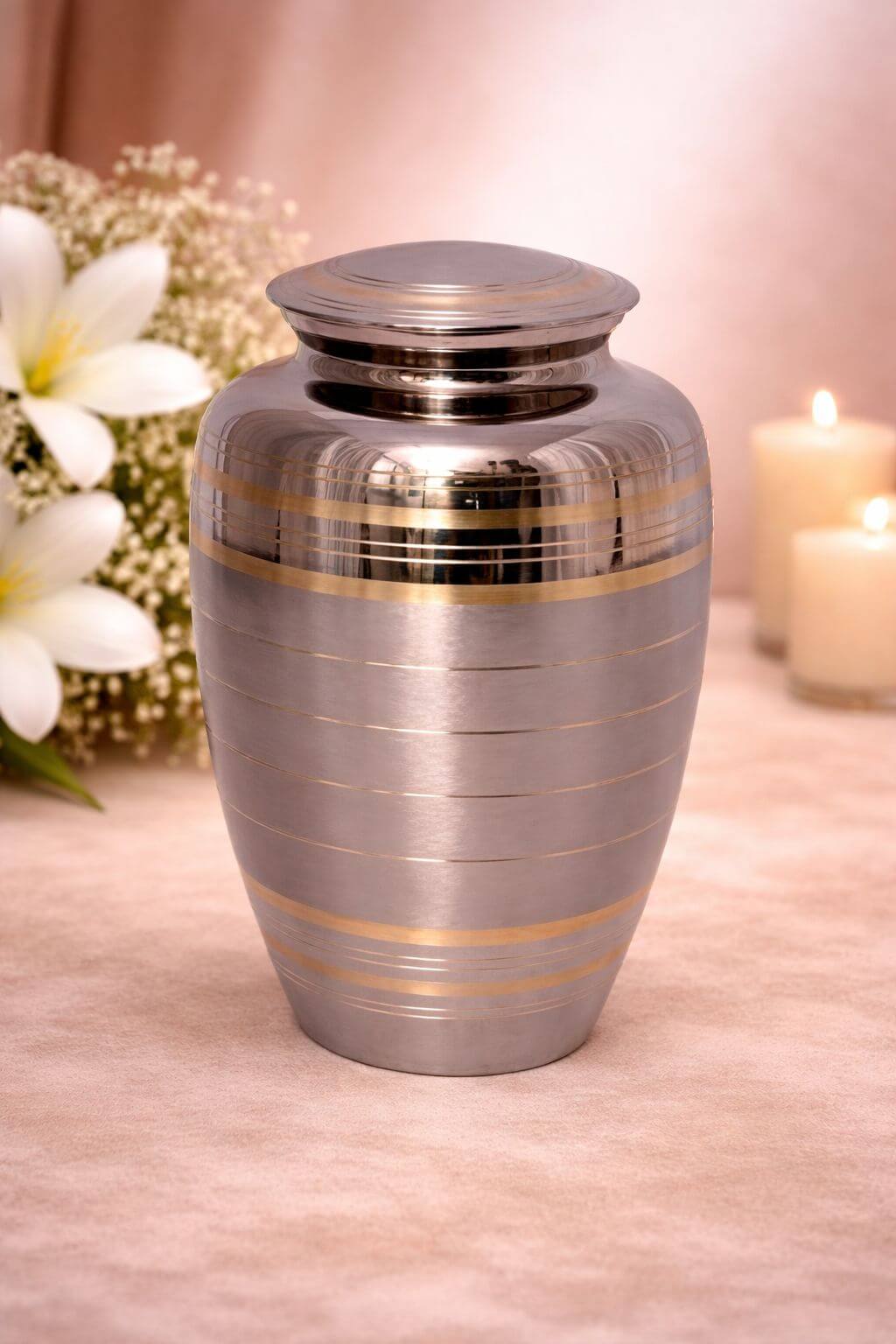 Elegant silver brass adult urn with gold band accents