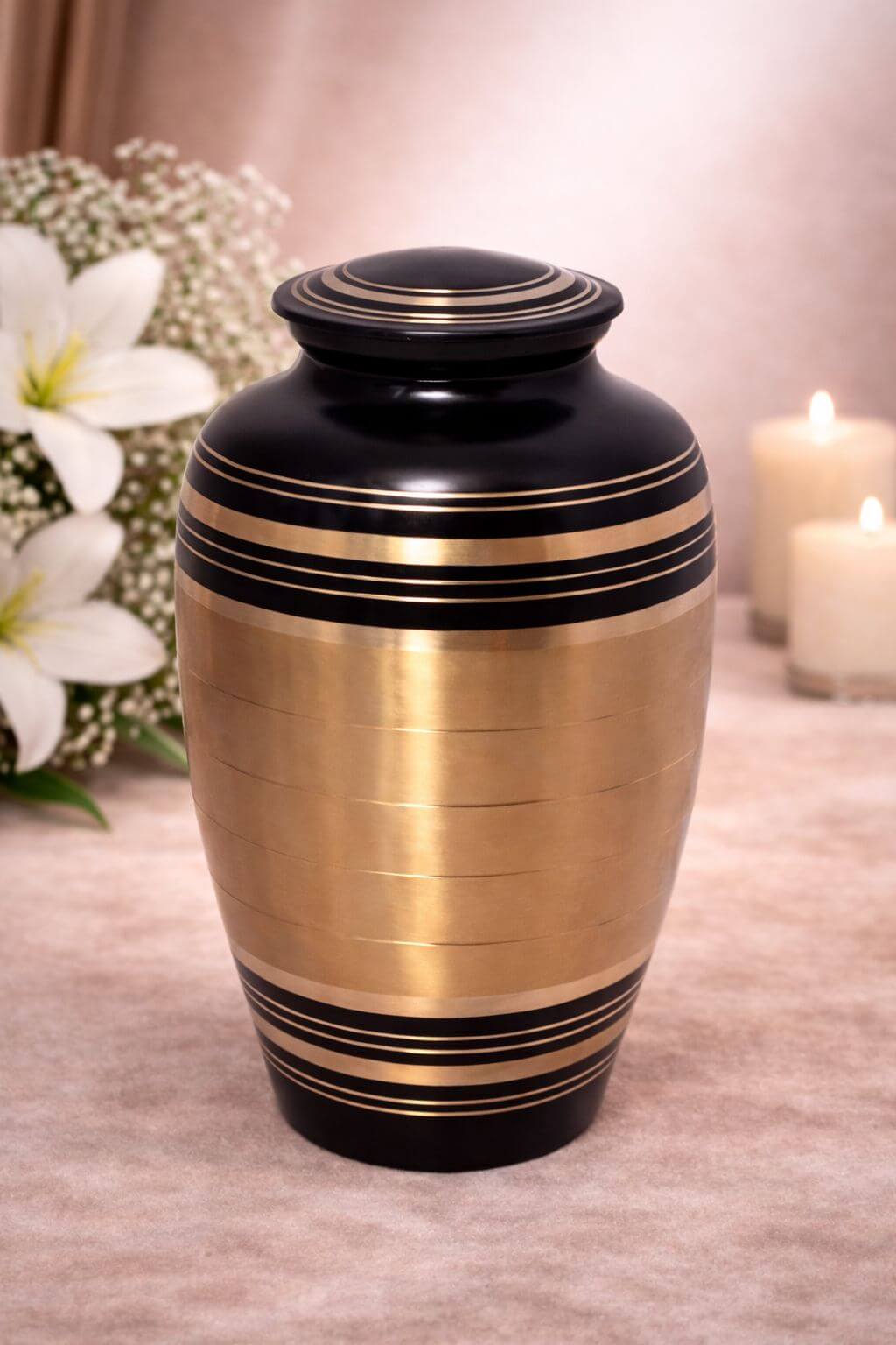Elegant black and gold brass adult urn with classic band detailing