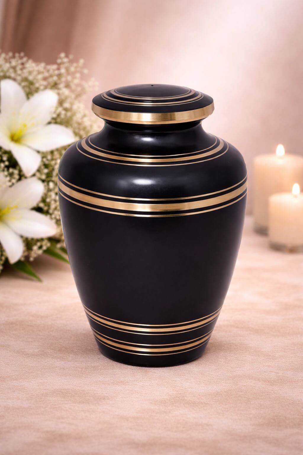 Elegant matte black brass adult urn with gold band accents