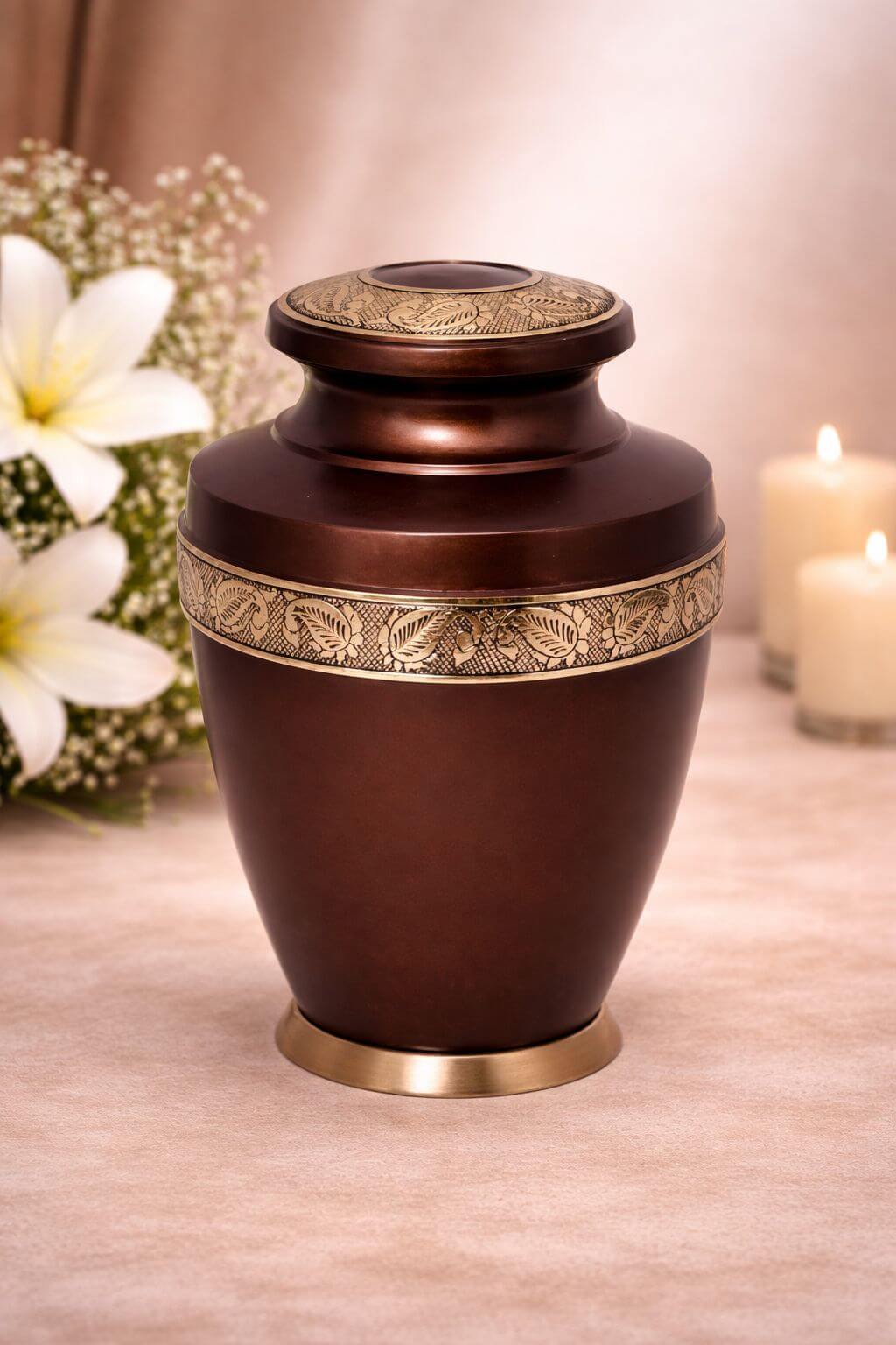 Elegant antique brown brass adult urn with intricate engraved band