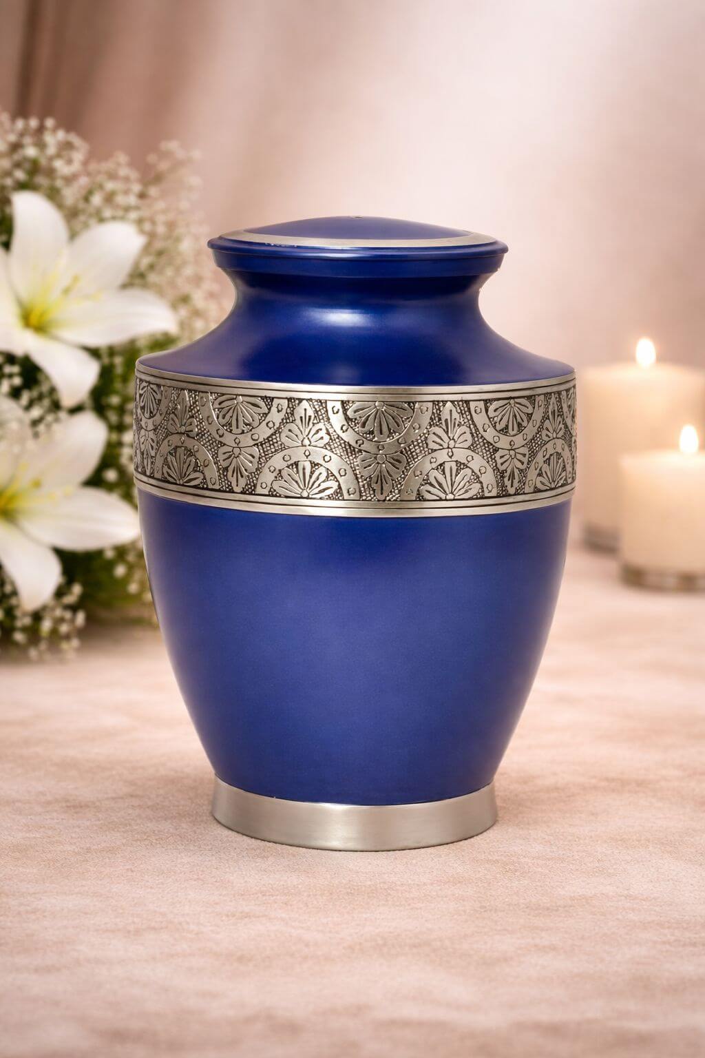 Elegant blue brass adult urn with detailed silver engraved band