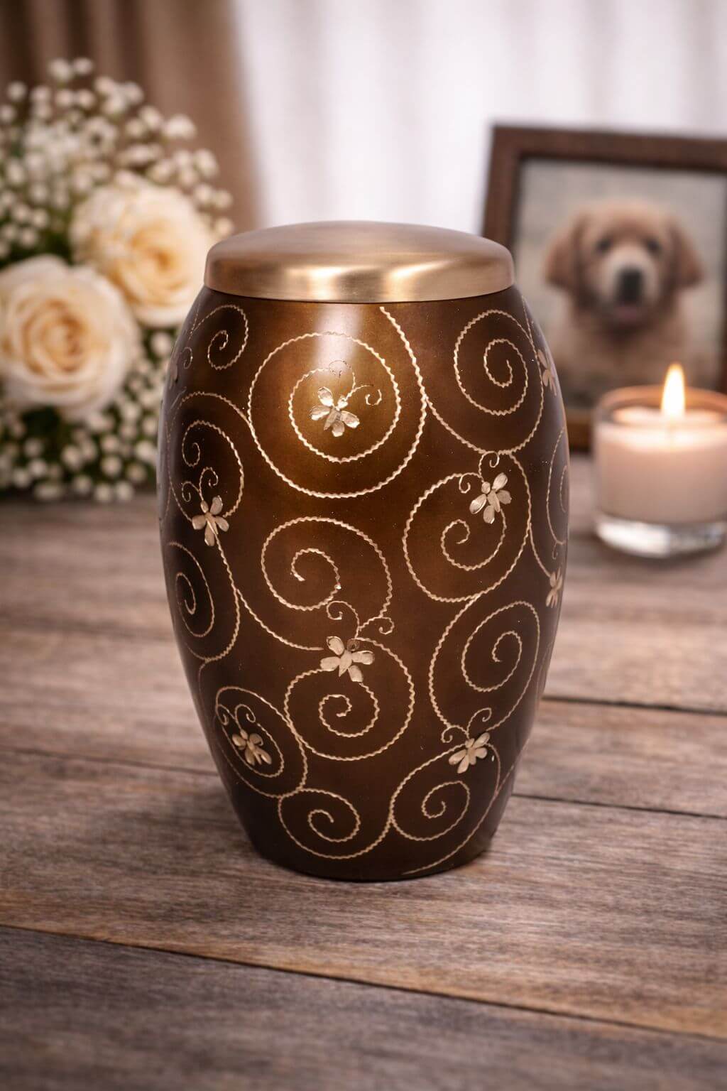 Elegant brown brass adult urn with delicate swirl floral engraving