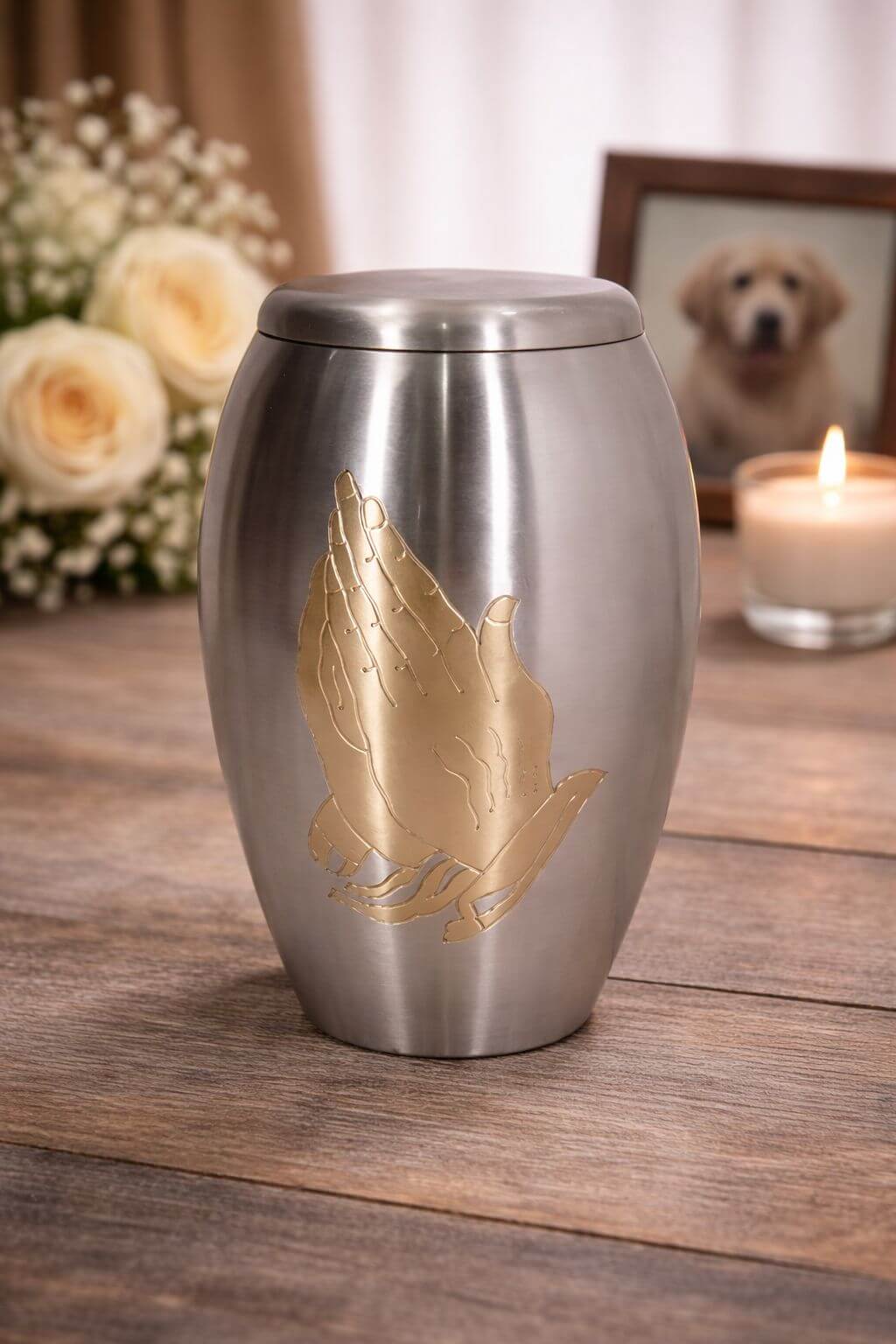 Elegant silver brass adult urn featuring a gold praying hands engraving