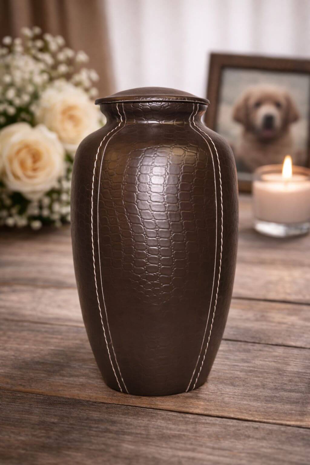 Sophisticated brown brass adult urn with a leather-textured finish and stitched detailing