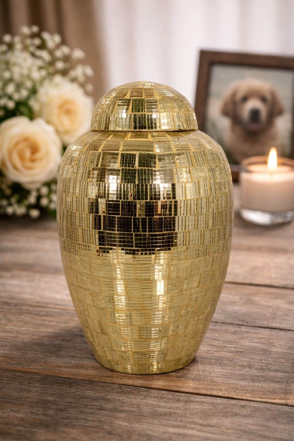 Luxurious gold brass adult urn with a mosaic mirror finish