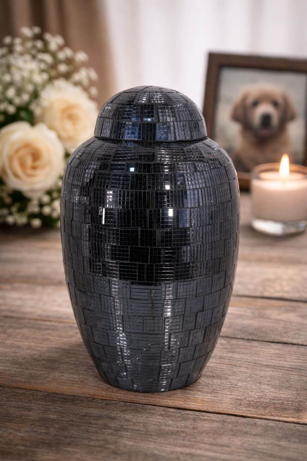 Modern black mosaic brass adult urn with a reflective finish