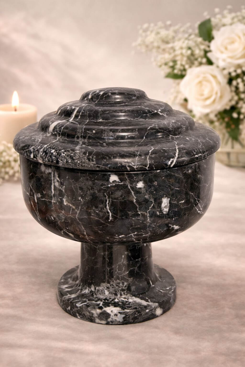 Elegant black marble memorial bowl urn with lid