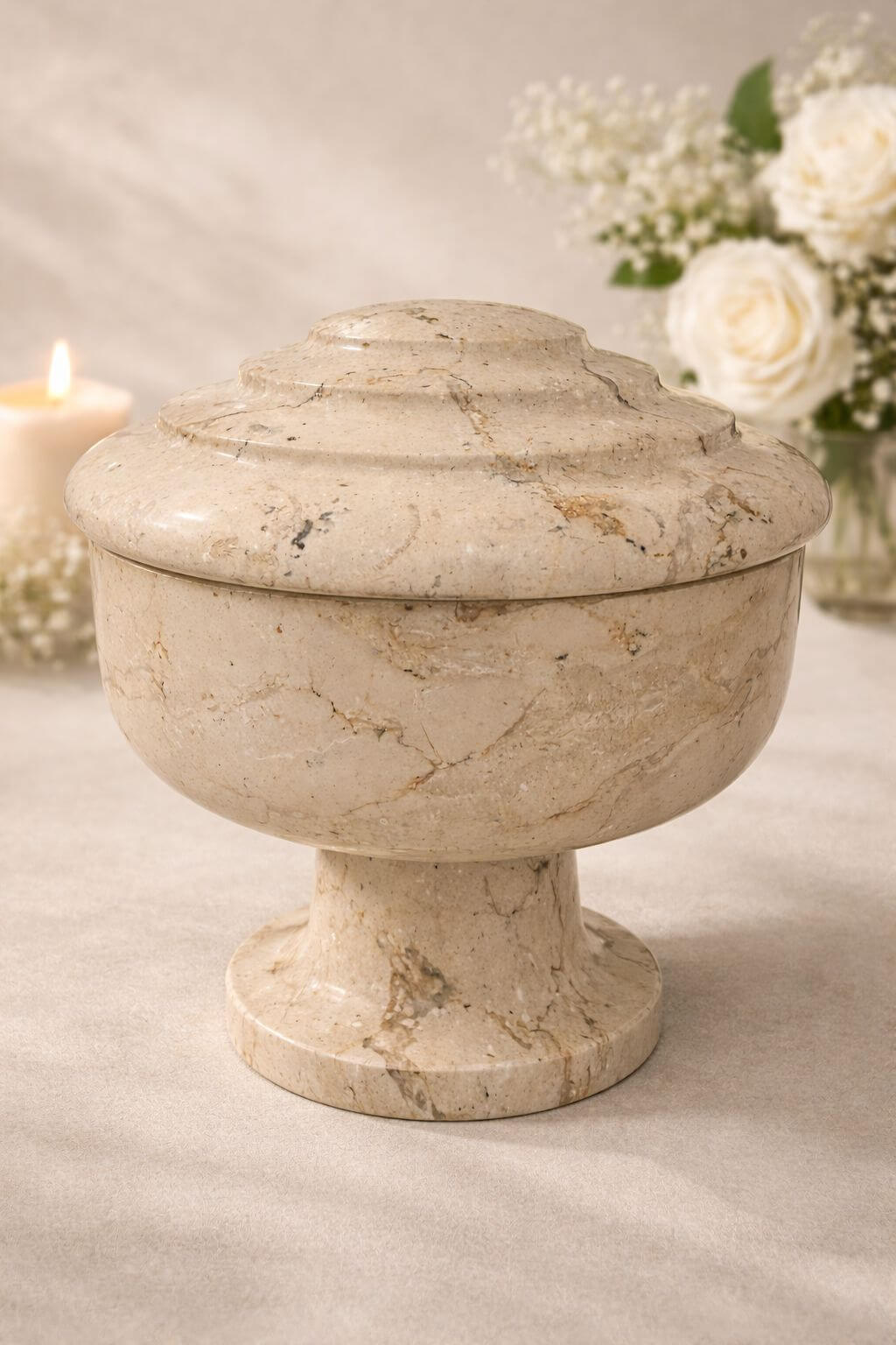 Elegant beige marble memorial bowl urn with lid