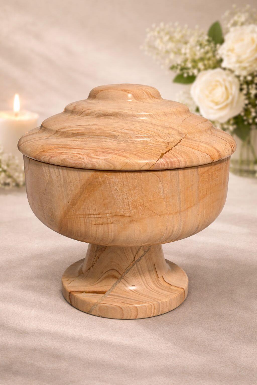 Beautiful wood-grain marble memorial bowl urn with lid