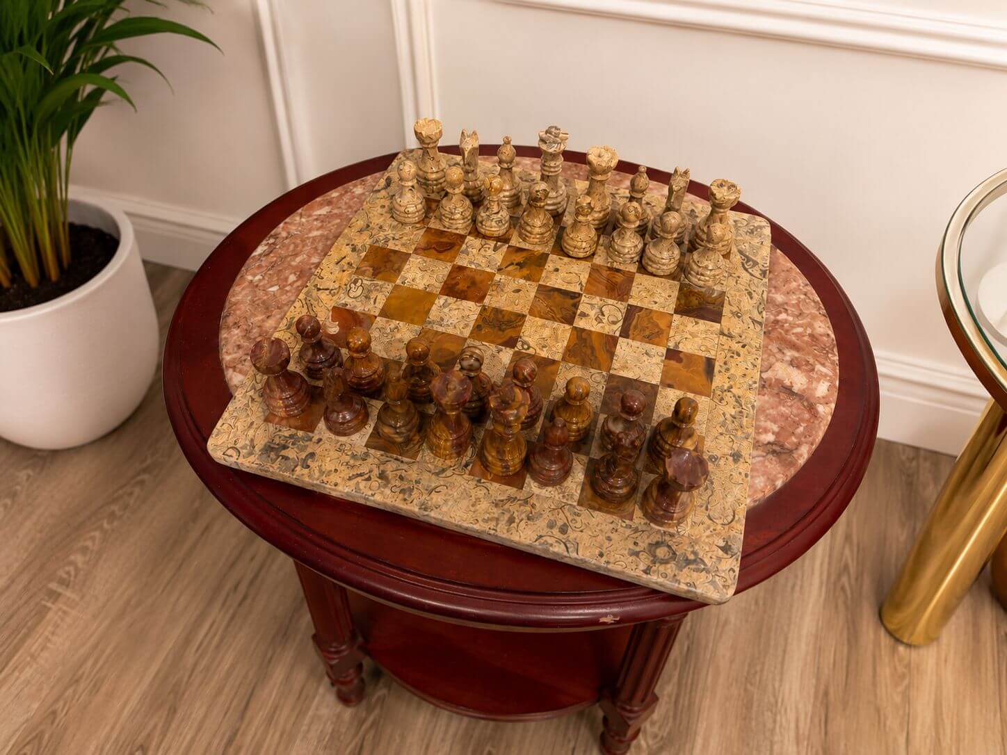 Elegant handcrafted marble chess set featuring beautifully carved pieces and a premium marble board
